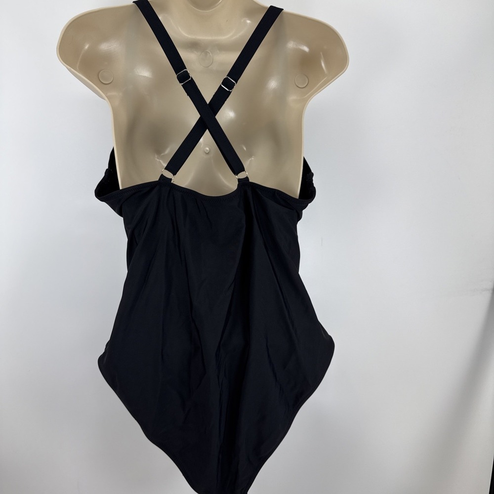 Black One Piece Tummy Cutout High Waisted Swimsuit Womens L - Picture 2 of 5